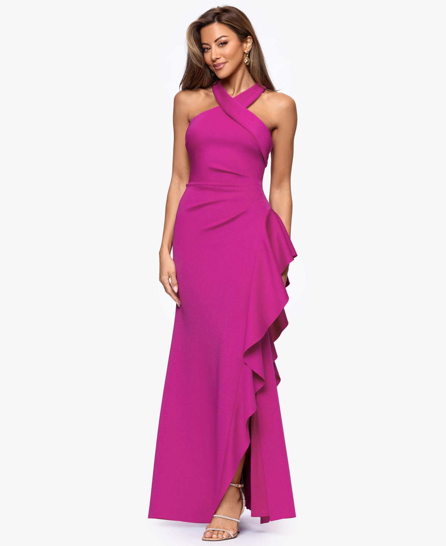 Petite Cross-Neck Ruffle Gown