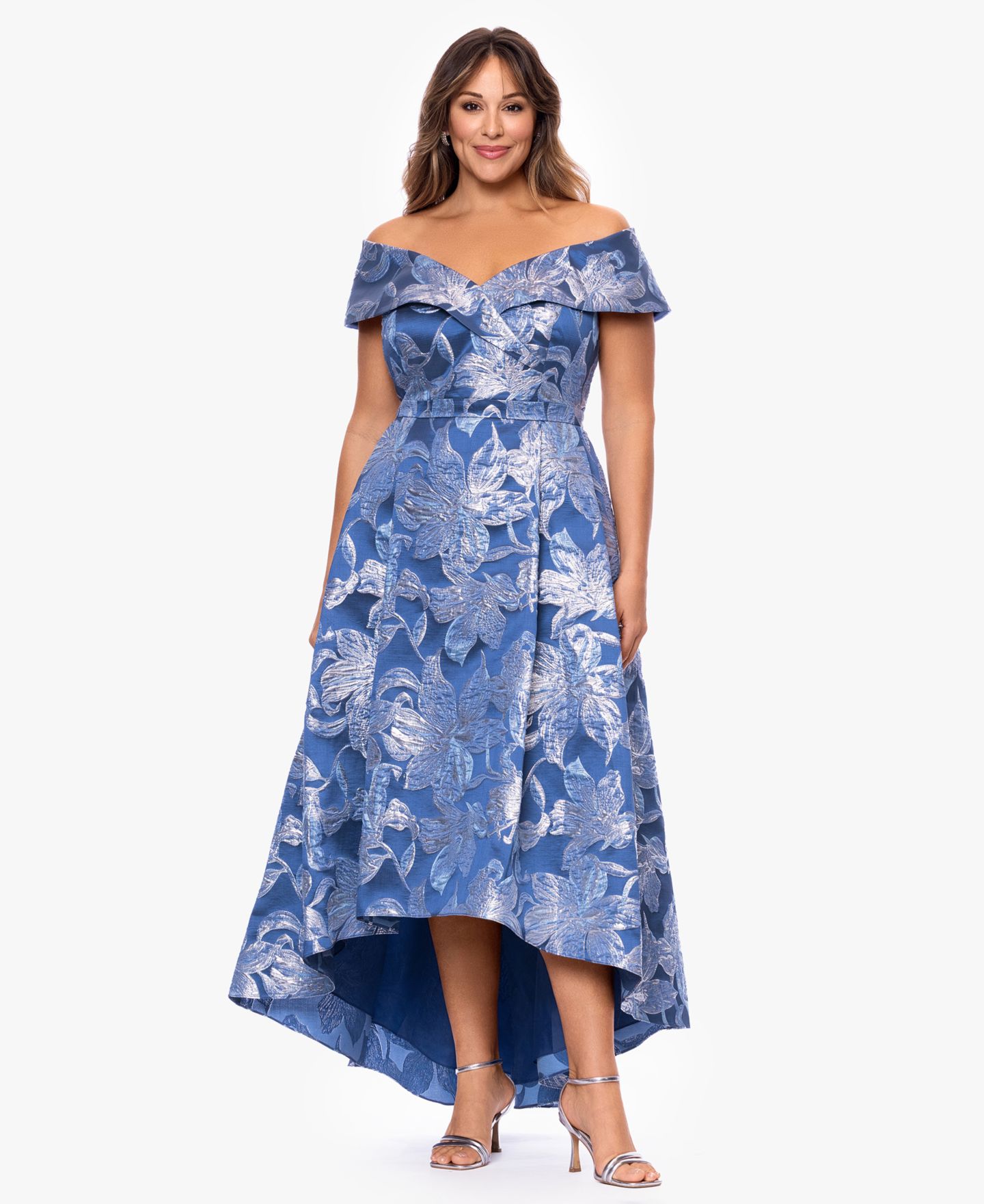 Женские платья XSCAPE Off-The-Shoulder V-Neck Gown, цвет: Синий серебряный — фото 2