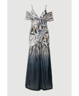 Women's Marble Print Mesh Plunge Maxi Dress