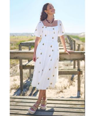 Women's Cotton Sunflower Embroidered Midi Dress