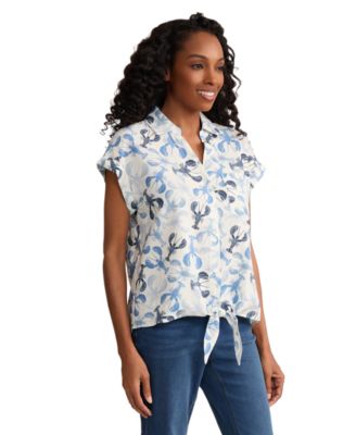 Women's Collared Neck Linen-Blend Tie-Front Top
