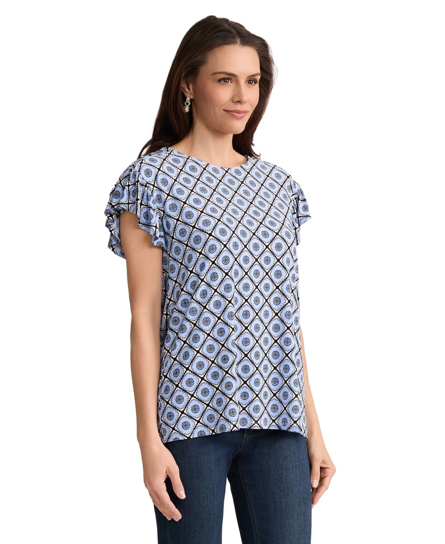 Petite Round Neck Flutter Short-Sleeve Top