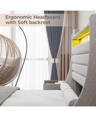 Bed Frame Linen Upholstered Headboard Led Lights USB Charging Storage Noise Free No Box Spring
