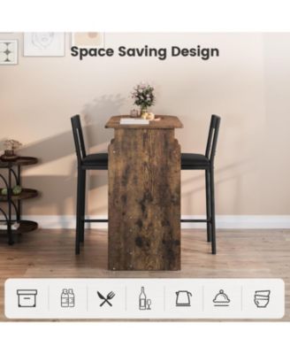 Bar Table and Chairs Set for 2, Vintage Pub Table w/Triple-Tier Wine Rack & Glass Holder, Velvet Seats for Small Spaces