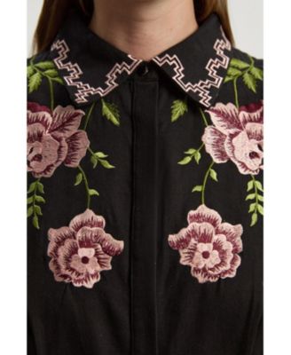 Women's Rose Embroidered Cotton Shirt Dress