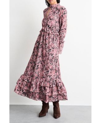 Women's Chiffon Shirred High Neck Midi Dress