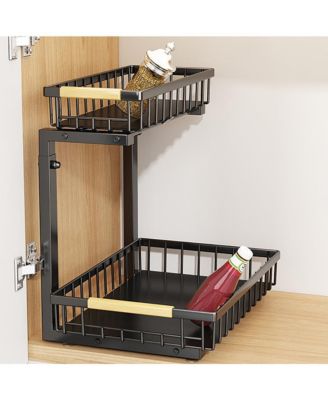 Under Sink Organizer, Under Kitchen Sink Organizers and Storage Basket, Slide Out 2 Tier Metal Shelf, Carbon Steel Pantry Cabinet Organizer