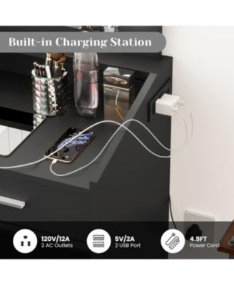 Modern Vanity Desk with Large Mirror, Dimmable LED Lights, Power Outlet, 7 Drawers & Cushioned Stool