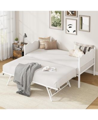 Daybed with Trundle, Twin Size Day Bed with Metal Slat Support & Lockable Casters, Wavy Headboard with Wood Grain, Space-Saving Sofa Bed