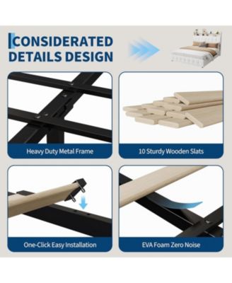 Full Size Bed Frame with 2 Storage Drawers, Upholstered Bed Frame Full LED Light, Double-Layer Bedside Headboard Charging Socket USB