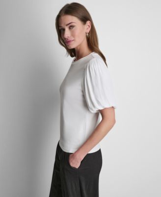 Women's Puffed Crew Neck Mix Media Knit Top