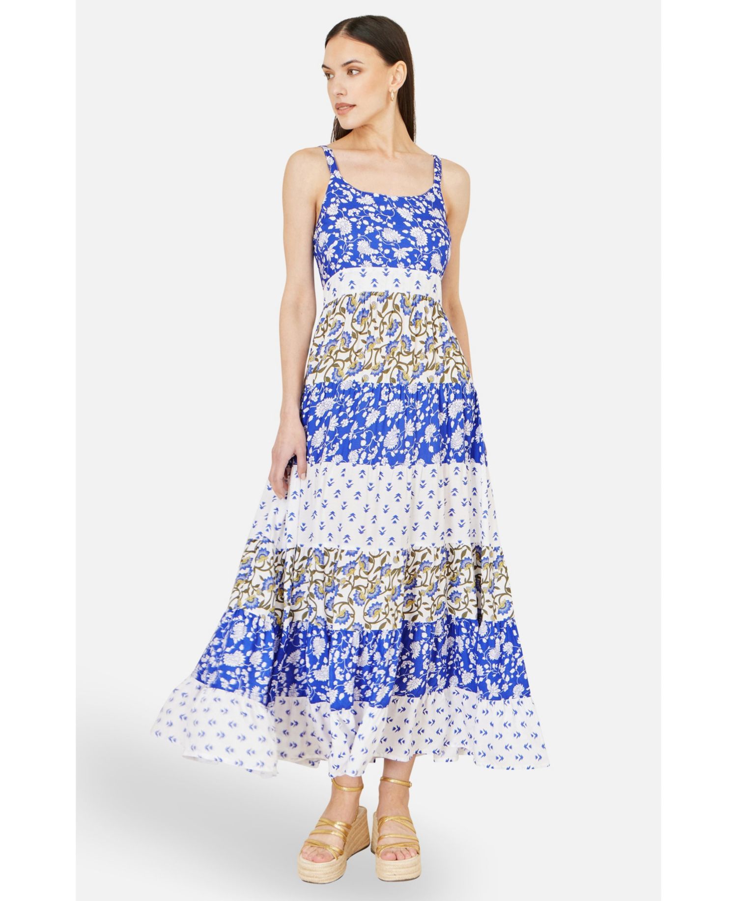 Women's Patchwork Print Tiered Maxi Dress