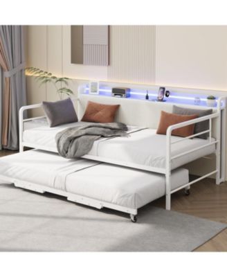 Daybed with Trundle Bed, Twin Bed Frame with Corduroy Upholstered Storage Headboard & Charging Station and LED Light