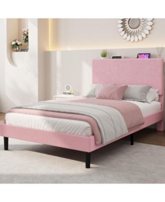 Twin Size Corduroy MDF Bedhead Storage Soft Package Bed, Pink Upholstered Bed Frame, Spacious Storage, Comfortable Mattress