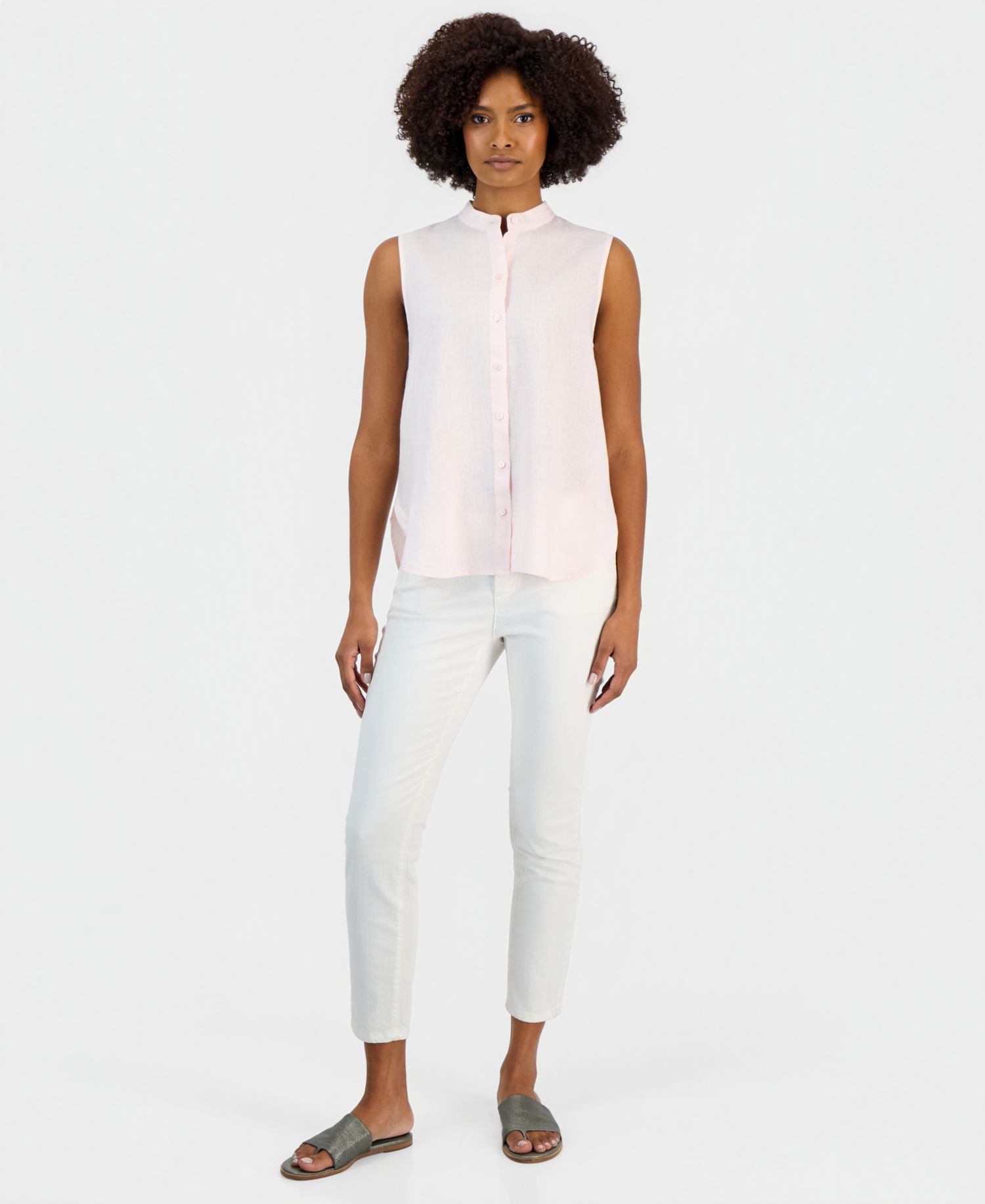 Women's Linen Sleeveless Band-Collar Shirt