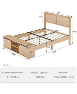 Full Rattan Bed Frame With Sliding Barn Door Storage Cabinets LED Headboard Boho Platform Solid Wood No Box Spring