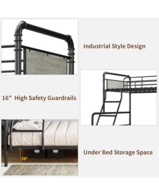 Twin Over Full Metal Bunk Bed Industrial Style with Ladder and Guardrails Convertible to 2 Separate Beds Space Saving