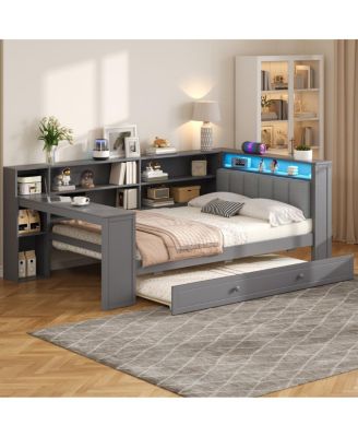 Twin Wood Platform Bed with Storage, Trundle, Charging Ports, LED Lighting, and Desk Headboard