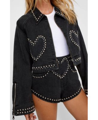 Women's Heart Studded Cropped Denim Jacket