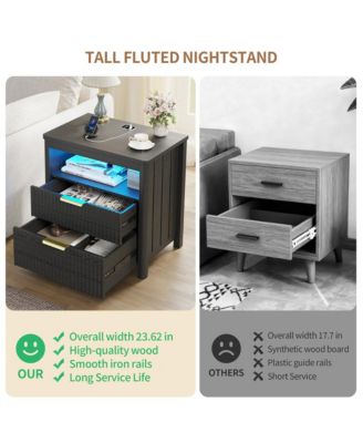 24" Modern LED Nightstand with 3 Drawers and Charging Station