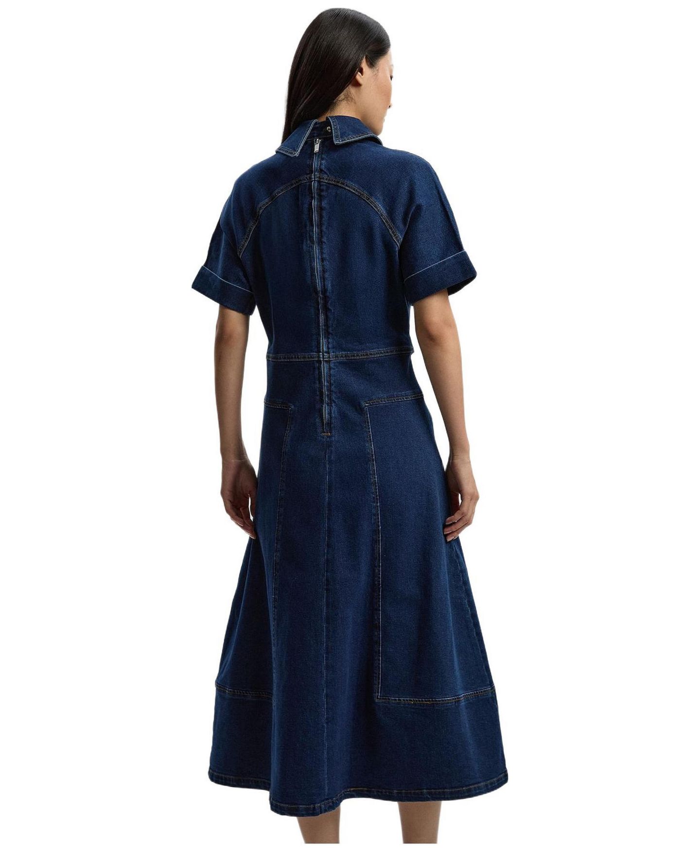 Женское платье Karen Millen Petite Stretch Denim Tab Belt Midi, цвет: Средняя варка — фото 3