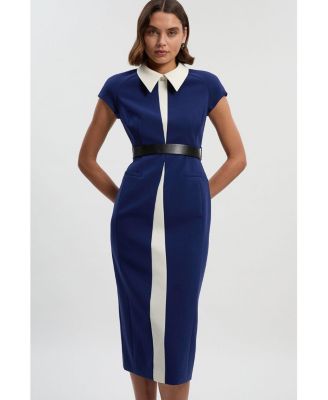 Women's Contrast Collar Tailored Midi Dress