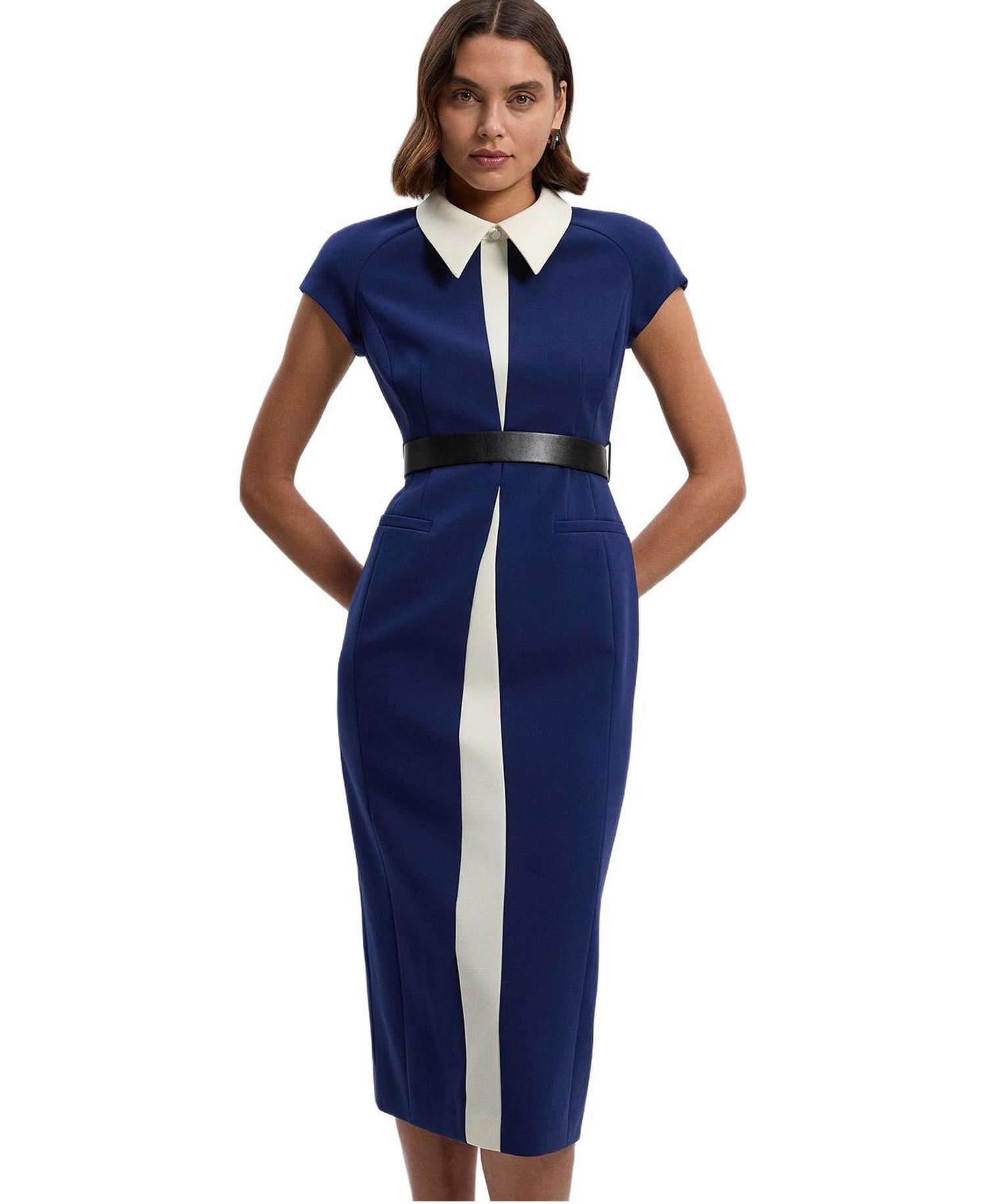 Women's Contrast Collar Tailored Midi Dress