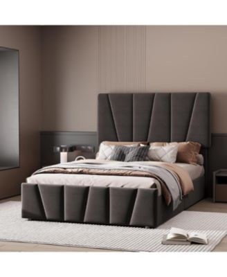 Full Bed Frame Adjustable Headboard 4 Drawers Upholstered Platform Wooden Slats No Box Spring