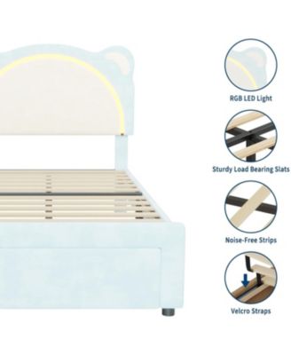 Twin XL Upholstered Bed Frame Adjustable Headboard and Smart LED Platform Storage Drawer Wood Slats No Box Spring