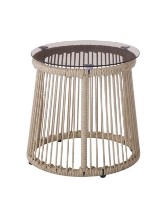 Outdoor Rope Weave Tempered Glass Top Side Table