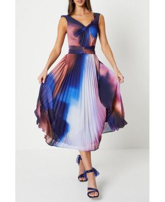 Women's Printed Pleated V-Neck Midi Dress