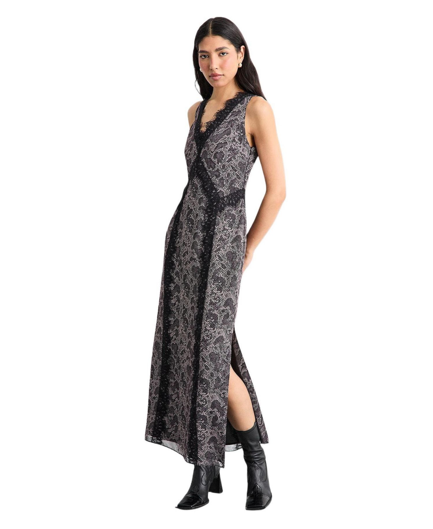 Women's Chiffon Printed Lace Trim Dress
