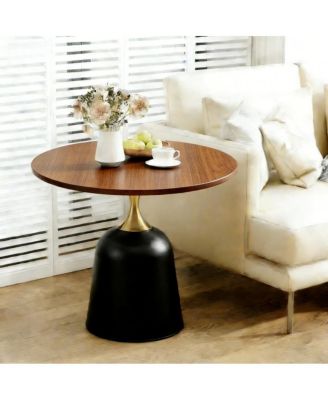 Circular side table with metal base and walnut wood grain
