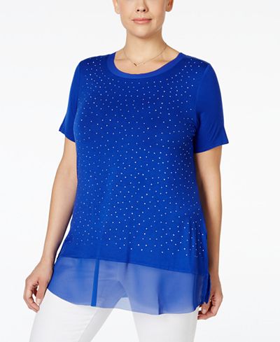 Belldini Plus Size Studded Chiffon-Hem Top