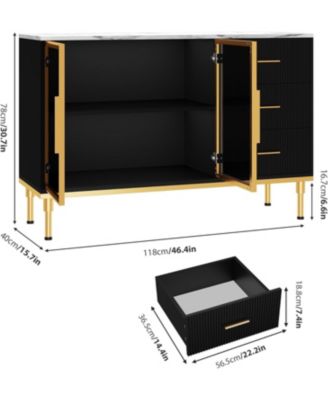Fluted Buffet Cabinet with Storage LED Lights Plus 3 Drawers Modern Sideboard Table for Kitchen Living Room.