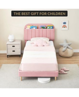 Twin XL Bed Frame Storage Headboard Velvet Upholstered Platform Bed Kids Wood Slats Noise Free Light
