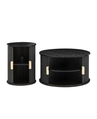 Mid-Century Coffee Table Set, Round Fluted End Table With Storage, Golden Handle and Sliding Tambour Door, Side Table for Living Room