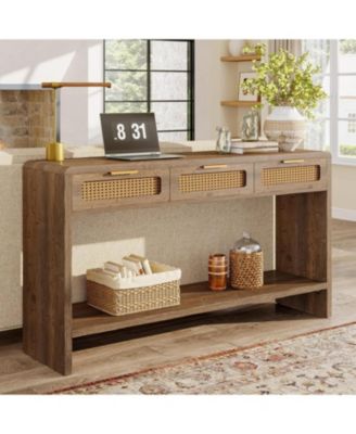 Entryway Table with 3 Rattan Drawers, Narrow Console Sofa Table with 2-Tier Open Storage Shelf