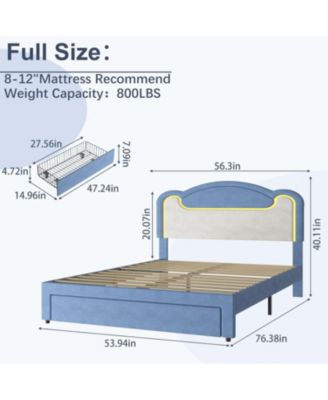 Full Size Upholstered Bed Frame with LED Lights, Fabric Headboard, Princess Platform Bed, Wood Slats, No Box Spring with Drawer