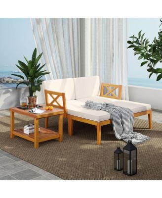 5 PCS Acacia Wood Patio Chaise Lounge Chair Set w/ 2-Tier Coffee Table Cushions