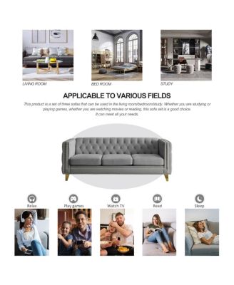 Velvet Sofa for Living Room, Tufted Square Arm Couch, Modern Upholstered Button & Metal Legs