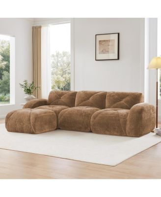 Camel L-Shaped Velvet Sofa with Tufted Design, Ergonomic, High-Density Sponge, No Assembly