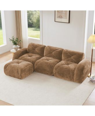 Camel L-Shaped Velvet Sofa with Tufted Design, Ergonomic, High-Density Sponge, No Assembly
