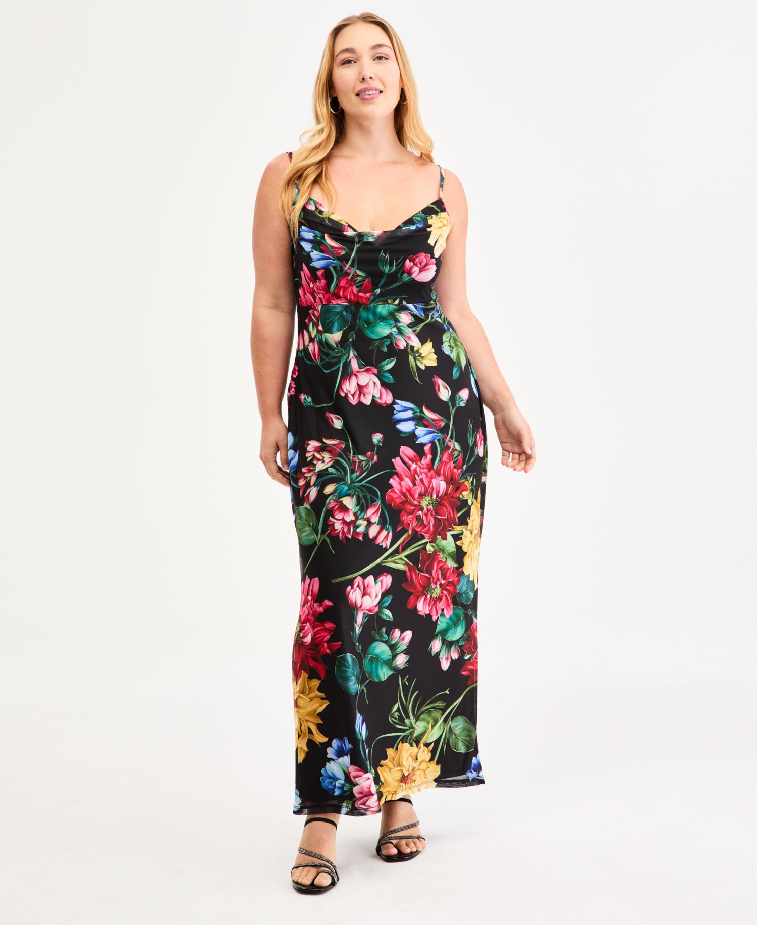Trendy Plus Size Floral Print Cowlneck Maxi Dress