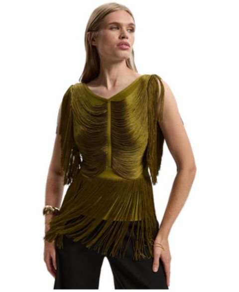 Женский топ Karen Millen Draped Fringe Knitted, цвет: Оливковый