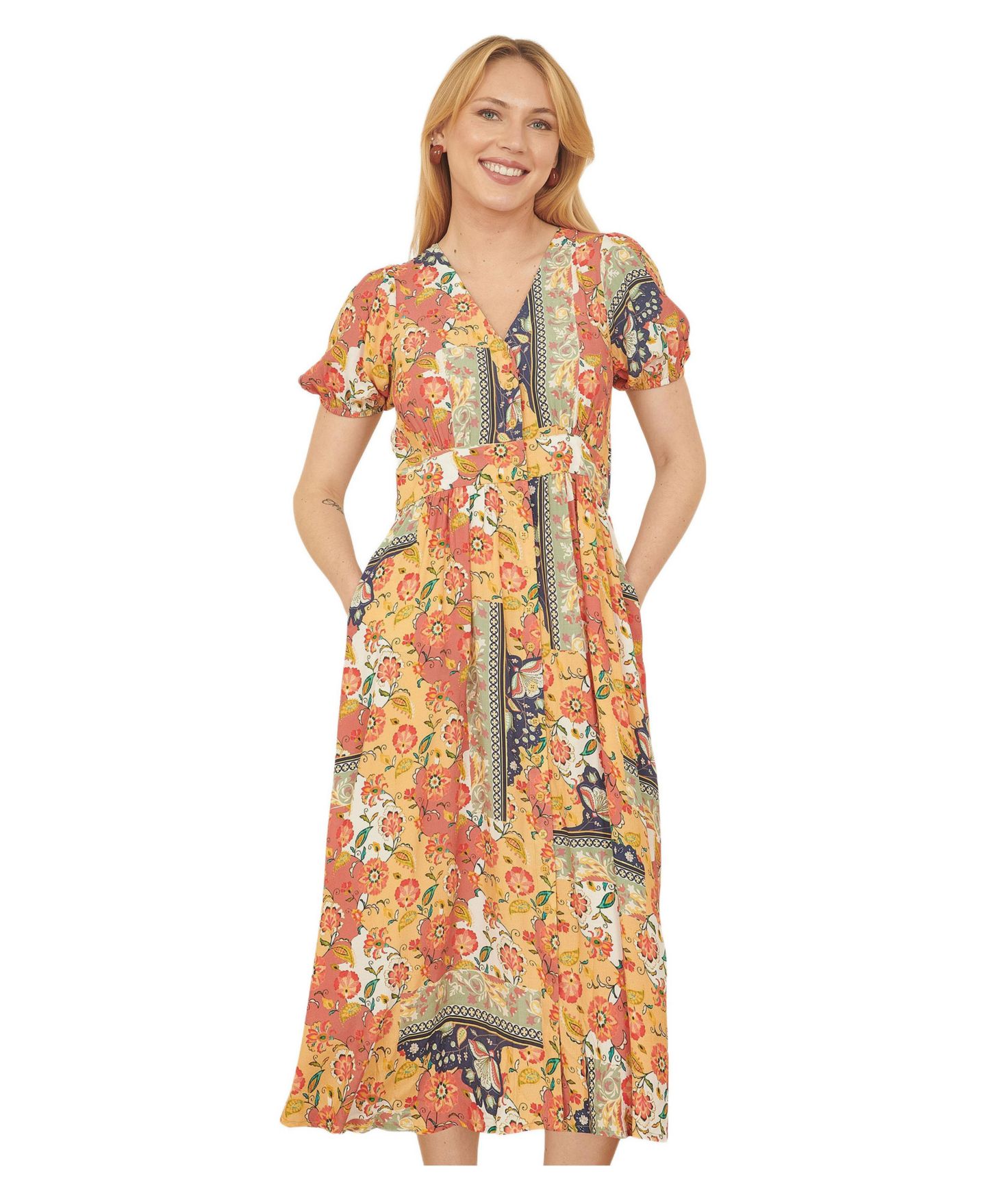 Женское платье Yumi Floral Patchwork Print Midi Shirt Dress, цвет: Разноцветный — фото 1