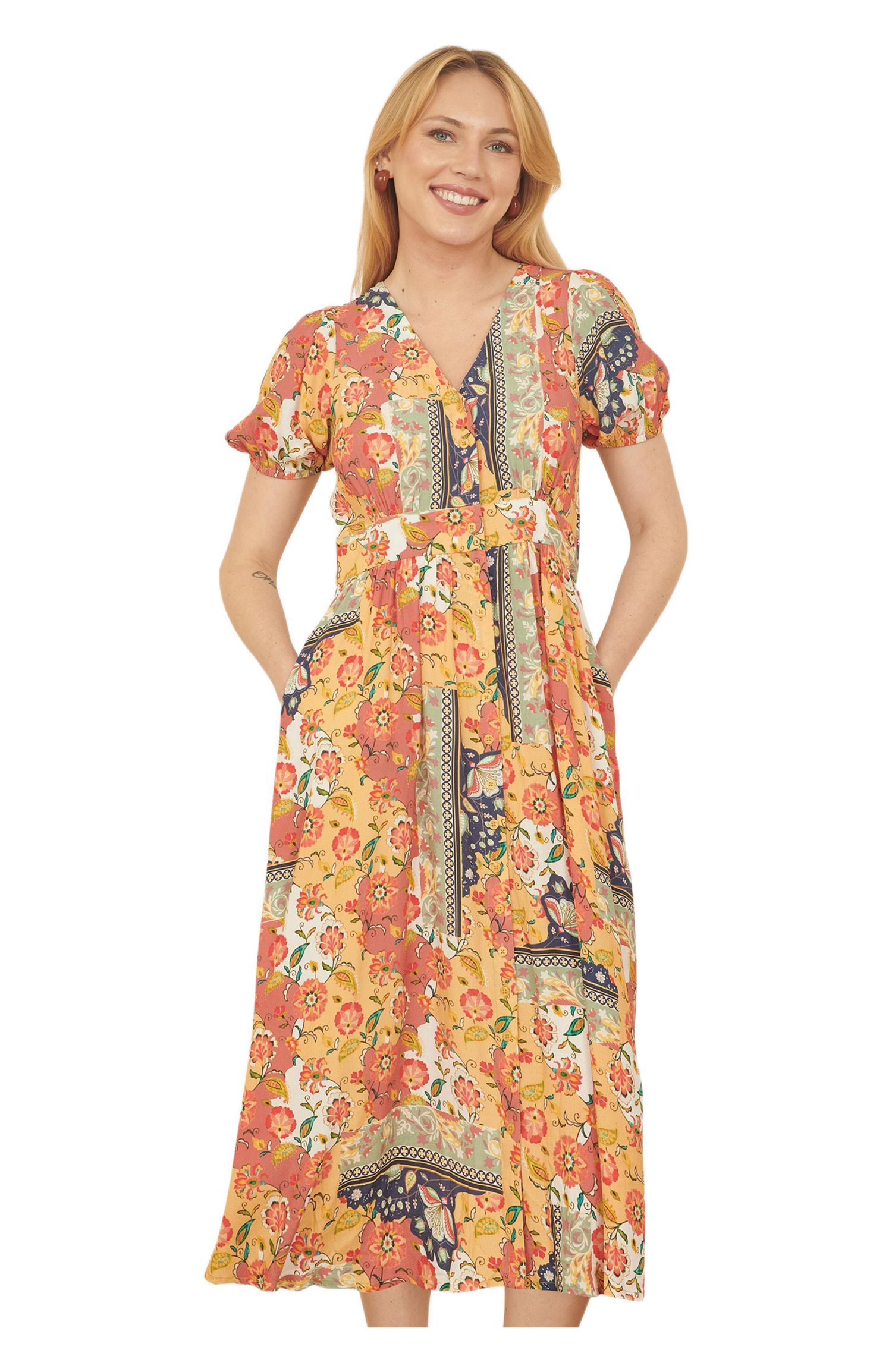 Women's Floral Patchwork Print Midi Shirt Dress