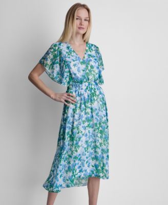 Women's Flutter-Sleeve V-Neck Smocked Waist High-Low Midi Dress