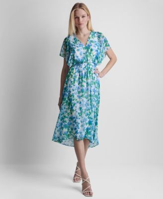 Women's Flutter-Sleeve V-Neck Smocked Waist High-Low Midi Dress