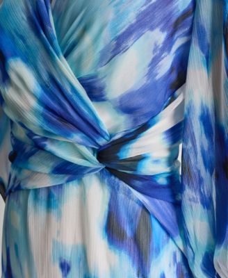 Women's 3/4-Balloon-Sleeve Surplice Neck Knot Front Midi Dress